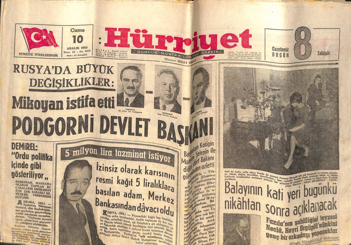 Hürriyet Gazetesi 10 Aralık 1965 - Süleyman Demirel: Ordu Politika İçinde Gibi Gösteriliyor - Podgorni Devlet Başkanı! GZ141926 - 1