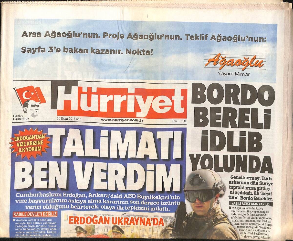 Hürriyet Gazetesi 10 Ekim 2017 - Bordo Bereli İdlib Yolunda - Galatasaray Lisesi 150 Yaşında GZ154220 - 1
