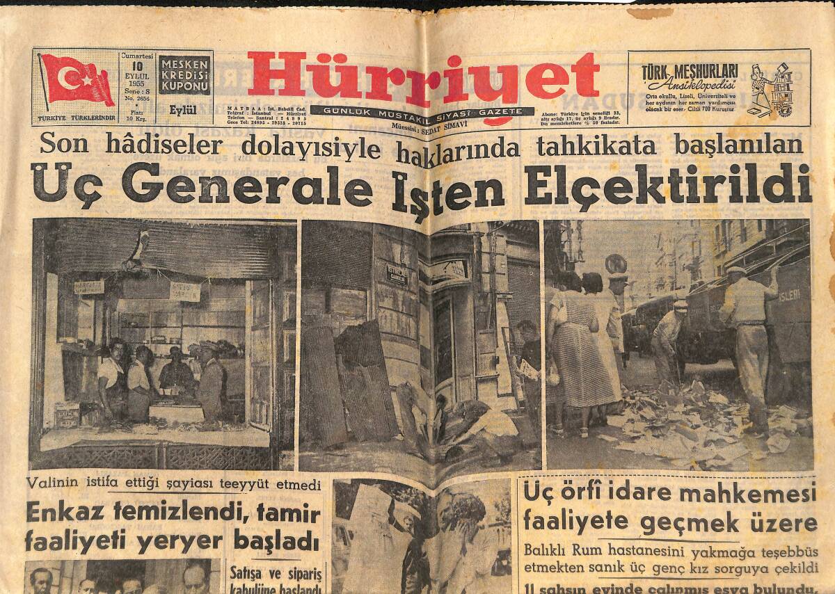 Hürriyet Gazetesi 10 Eylül 1955 - Üç Generale İşten Elçektirildi! - Örfi İdare Komutanlığı Şehrimizde Yapılacak Spor Temaslarını Men Etti! GZ146456 - 1