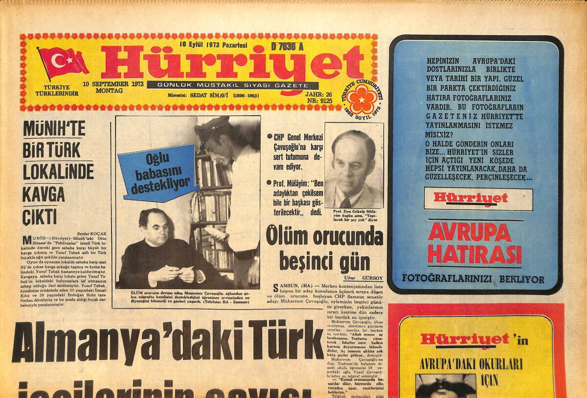 Hürriyet Gazetesi 10 Eylül 1973 - Almanya'daki Türk İşçilerinin Sayısı Azaltılmayacak GZ157764 - 1
