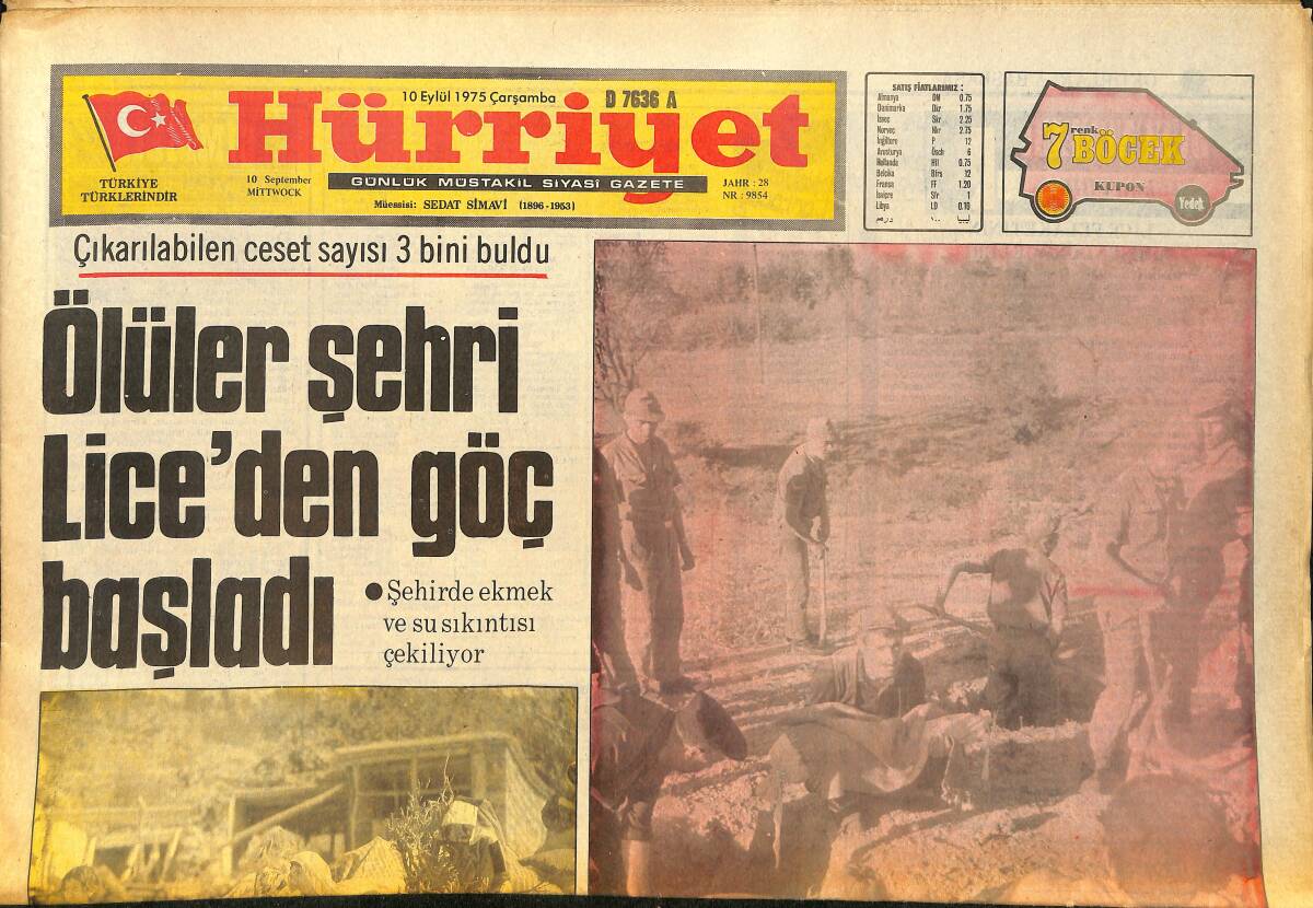 Hürriyet Gazetesi 10 Eylül 1975 - Ölüler Şehri Lice'den Göç Başladı - Ceset Sayısı 3 Bini Buldu GZ157514 - 1