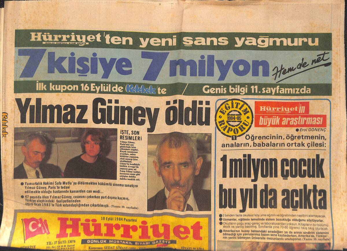 Hürriyet Gazetesi 10 Eylül 1984 - Yılmaz Güney Öldü - Zeki Müren'le Senede Bir Gün GZ133968 - 1