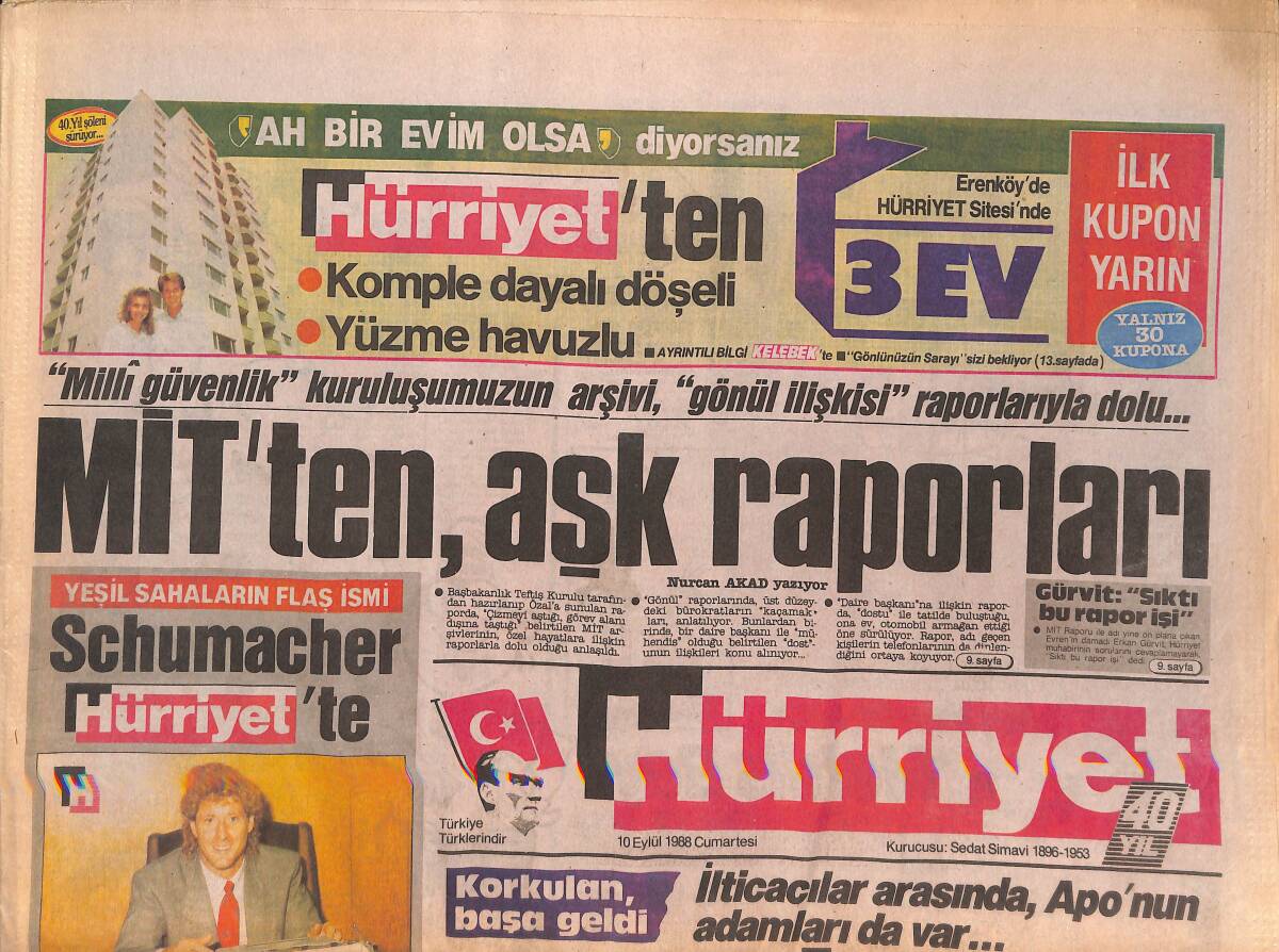 Hürriyet Gazetesi 10 Eylül 1988 - Papandreu'ya Ameliyat Hazırlığı - Irak Kültür Merkezi'ne Bomba GZ133131 - 1