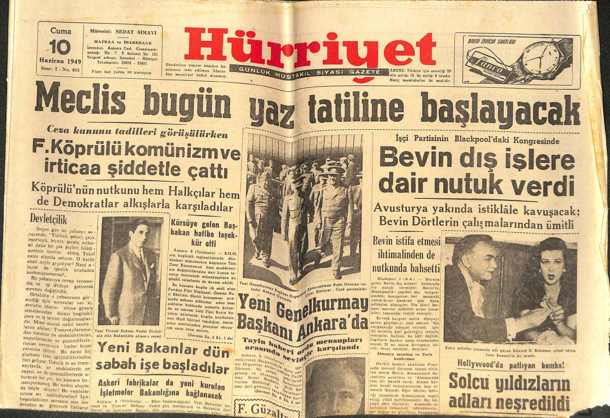 Hürriyet Gazetesi 10 Haziran 1949 - Hollywood'da Patlayan Bomba! - Solcu Yıldızların Adları Neşredildi GZ142324 - 1