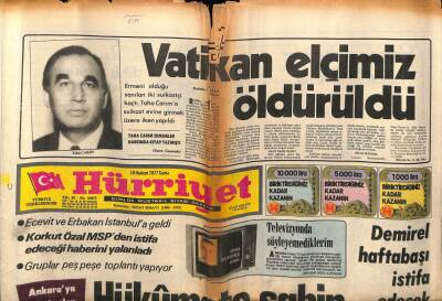 Hürriyet Gazetesi 10 Haziran 1977 - Vatikan Elçimiz Öldürüldü GZ56265 - 1