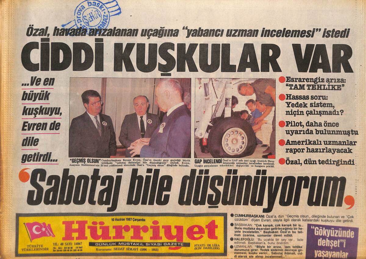 Hürriyet Gazetesi 10 Haziran 1987 - Özal'ın Uçağı Havada Arızalandı - Ahu Tuğba Marmaris'te Bir Barda Göbeğinde Kanun Çaldırdı GZ133897 - 1