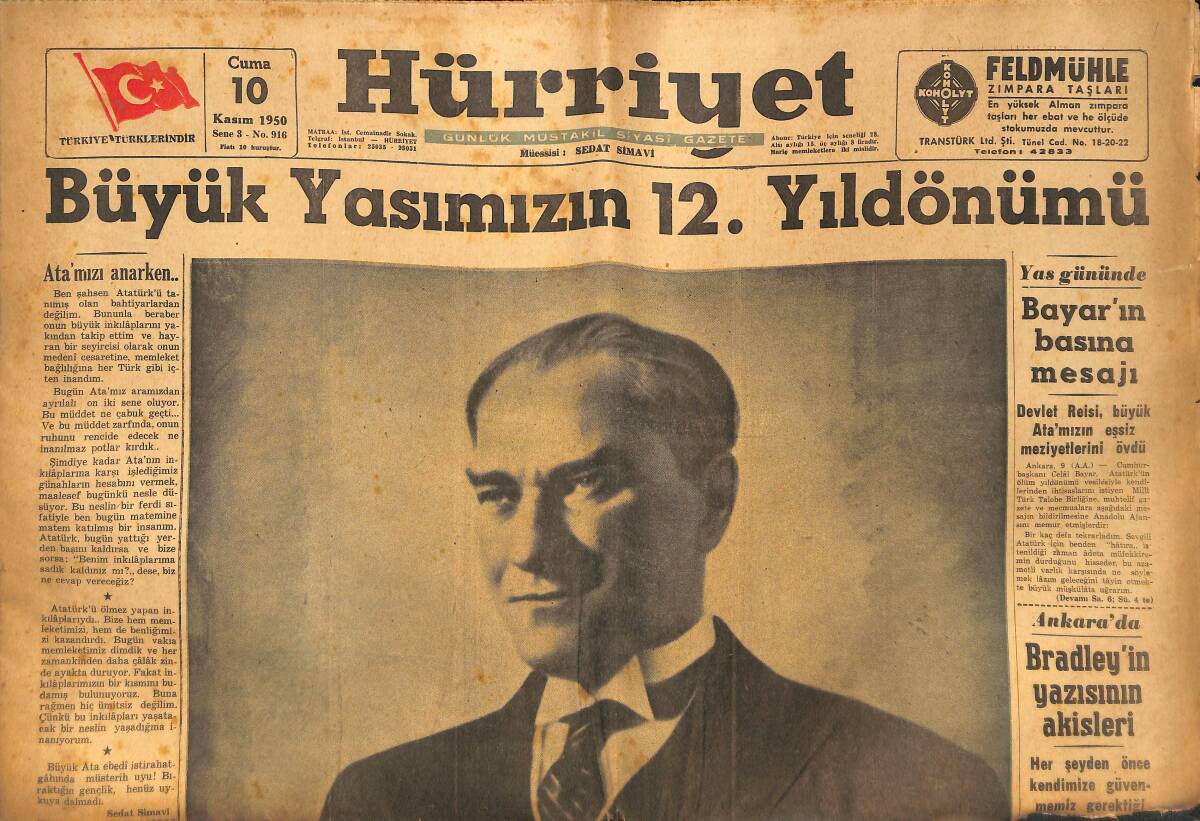 Hürriyet Gazetesi 10 Kasım 1950 - Büyük Yasımızın 12. Yıldönümü GZ133335 - 1