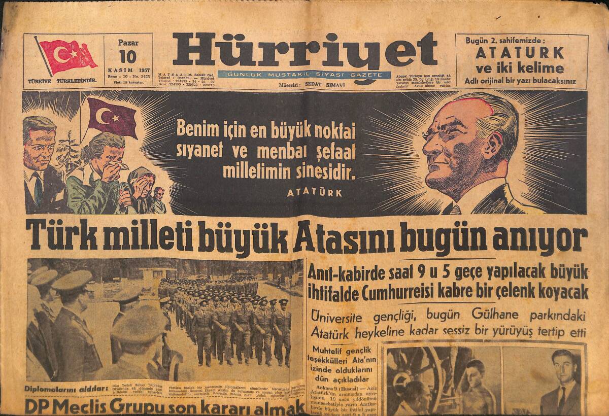 Hürriyet Gazetesi 10 Kasım 1957 - Türk Milleti Büyük Atasını Bugün Anıyor GZ132506 - 1