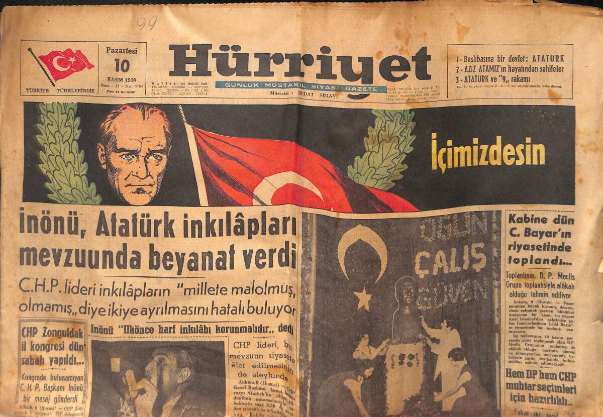 Hürriyet Gazetesi 10 Kasım 1958 - İnönü, Atatürk İnkılapları Mevzuunda Beyanat Verdi - Kabine Dün Celal Bayar Riyasetinde Toplandı GZ133233 - 1