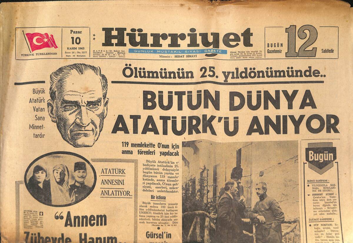 Hürriyet Gazetesi 10 Kasım 1963 - Atatürk'ün Ölümünün 25. Yıldönümü, Atatürk Özel Resimleri GZ134736 - 1