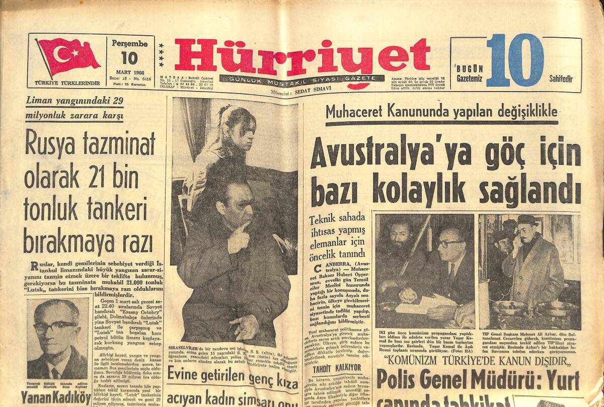 Hürriyet Gazetesi 10 Mart 1966 - Avustralya'ya Göç İçin Bazı Kolaylık Sağlandı - Rusya Tazminat Olarak 21 Bin Tonluk Tankeri Bırakmaya Razı GZ142041 - 1