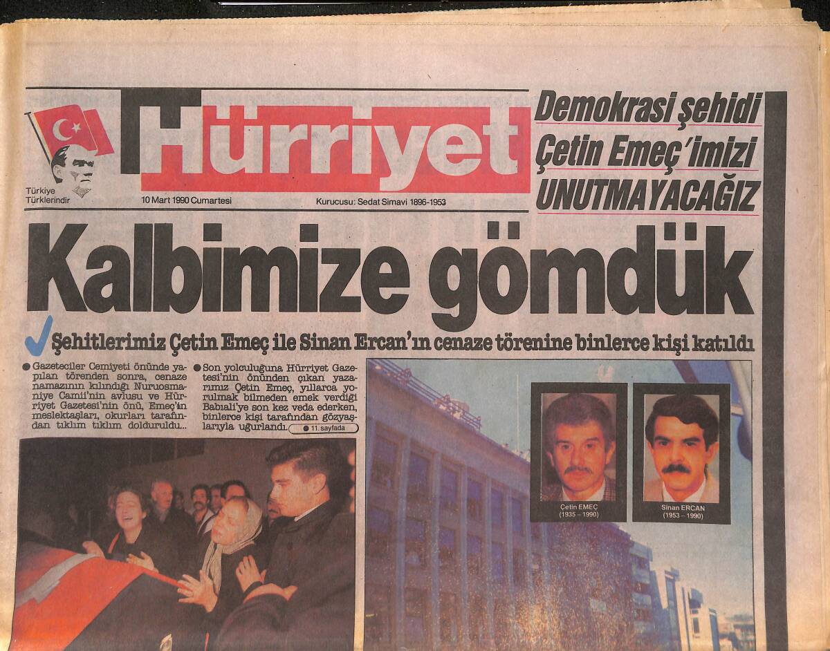 Hürriyet Gazetesi 10 Mart 1990 - Şehitlerimiz Çetin Emeç İle Sinan Ercan'ın Cenaze Törenine Binlerce Kişi Katıldı GZ133088 - 1