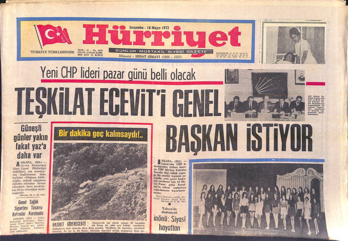 Hürriyet Gazetesi 10 Mayıs 1972 - Teşkilat Ecevit'i Genel Başkan İstiyor - İnönü: Siyasi Hayattan Çekilmiyorum GZ156927 - 1