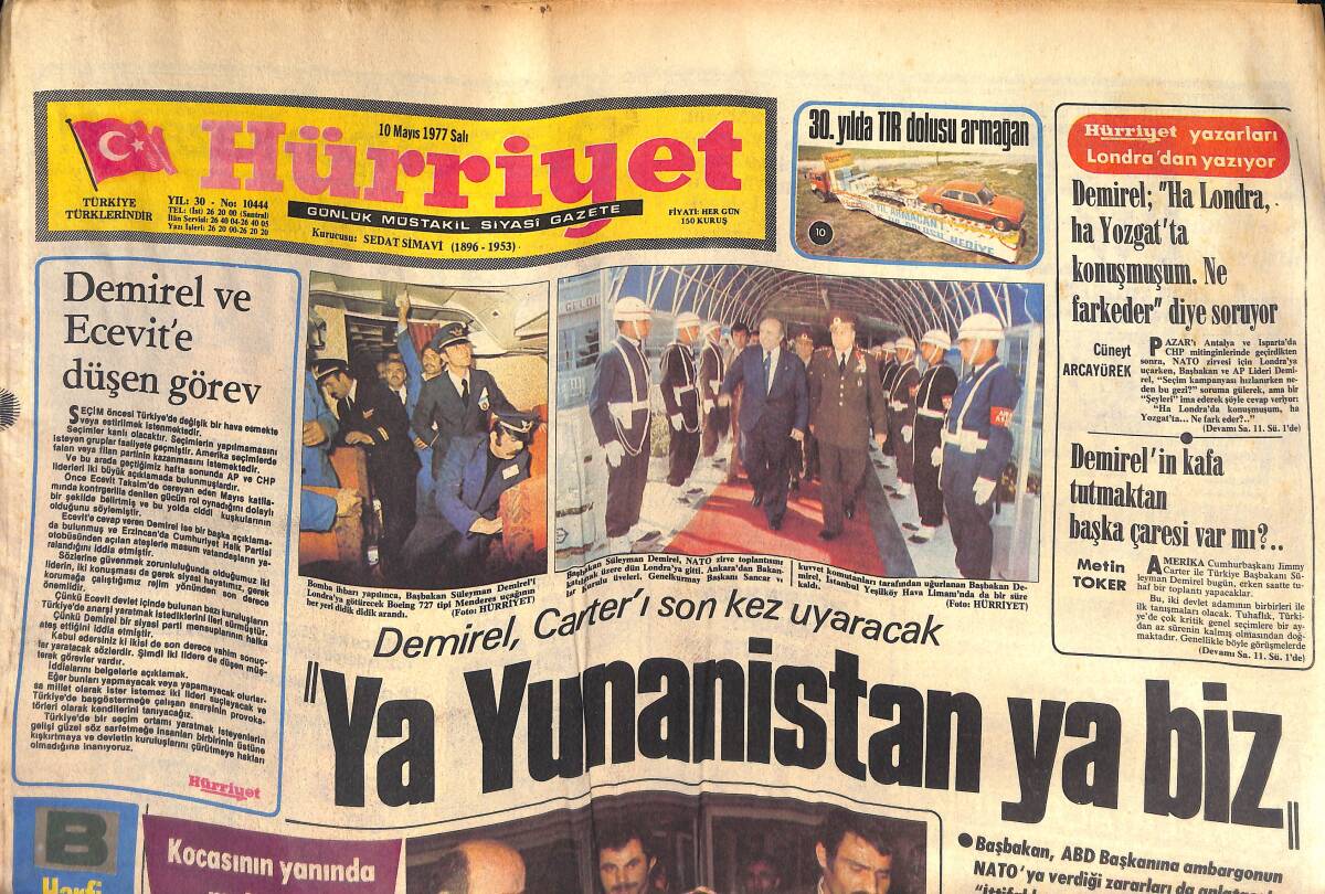 Hürriyet Gazetesi 10 Mayıs 1977 - Demirel, Carter'ı Son Kez Uyaracak - Beşiktaş Büyüklüğünü İspatladı - Natalie Wood Televizyona Geçti GZ133244 - 1