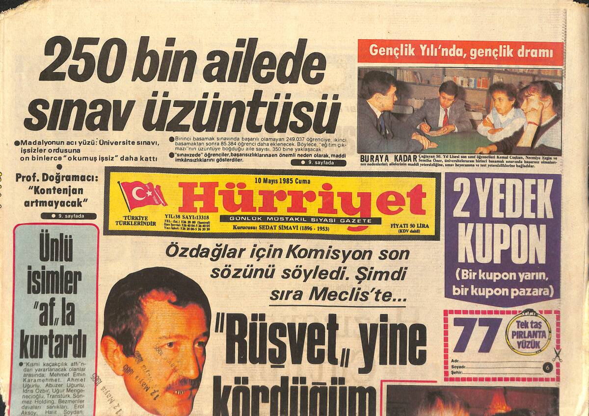 Hürriyet Gazetesi 10 Mayıs 1985 - Danimarka Türkiye Türkiye Diye Çınladı - 250 Bin Ailede Sınav Üzüntüsü GZ3376 - 1