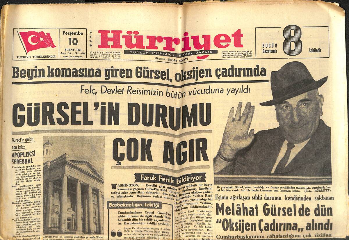 Hürriyet Gazetesi 10 Şubat 1966 - Cemal Gürsel'in Durumu Çok Ağır - Türk Futboluna Darbe İndirildi GZ142229 - 1