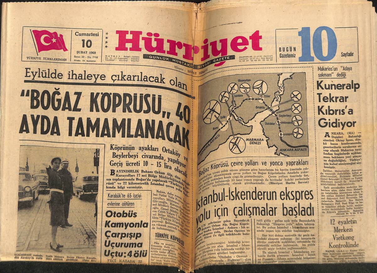 Hürriyet Gazetesi 10 Şubat 1968 - Clay Boksu Bırakıyor - Boğaz Köprüsü 40 Ayda Tamamlanacak GZ148722 - 1