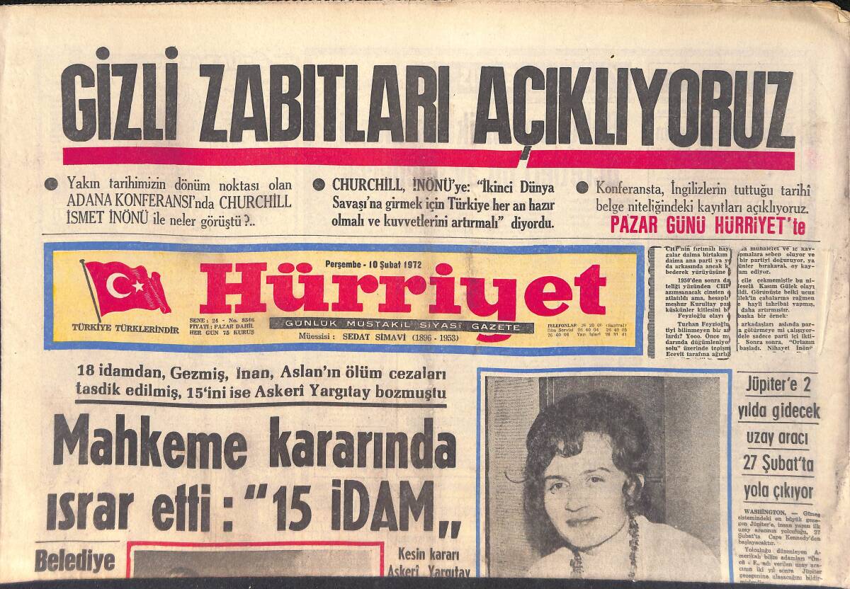 Hürriyet Gazetesi 10 Şubat 1972 - Jupiter'e 2 Yılda Gidcek Uzay Aracı 27 Şubatta Yola Çıkıyor - Polonyalı Kadını Türk Polisleri Kurtardı GZ157023 - 1