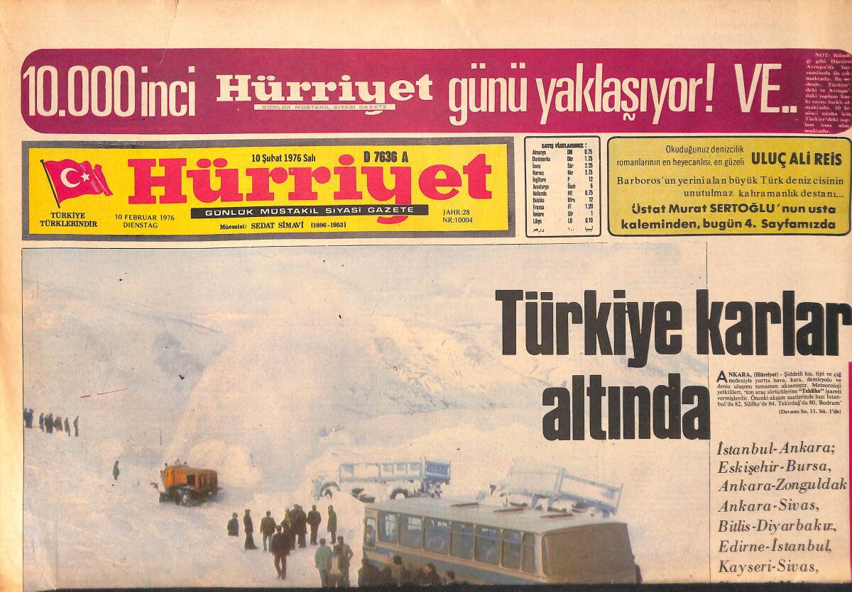 Hürriyet Gazetesi 10 Şubat 1976 - Türkiye Kar Altında 