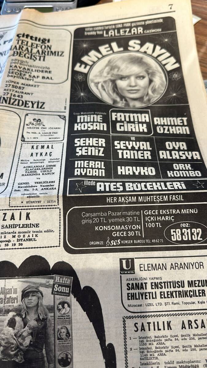 Hürriyet Gazetesi 10 Temmuz 1974 - Süreyya Neşeyi Özledi - Behiye Aksoy-Gönül Yazar-Emel Sayın Gazino Afişleri GZ155736 - 2