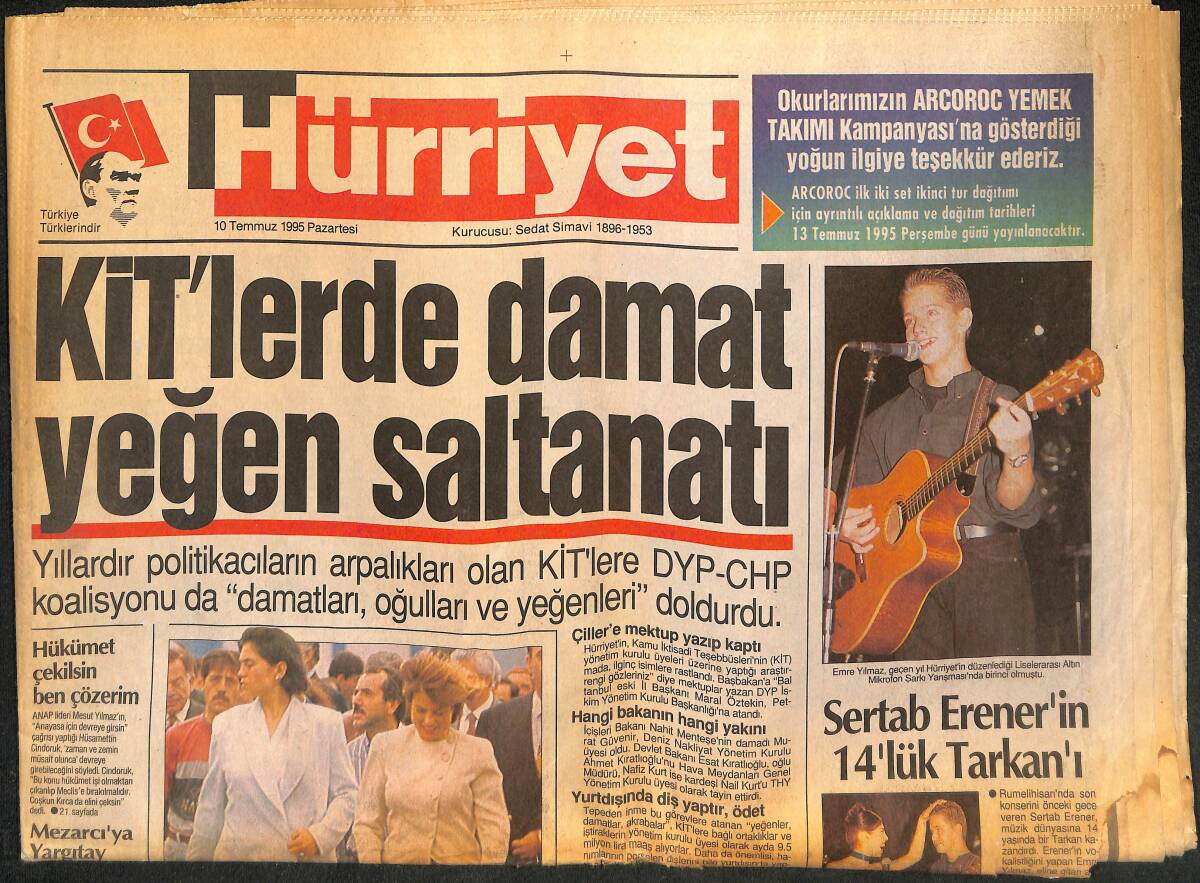 Hürriyet Gazetesi 10 Temmuz 1995 - Sertab Erener'in 14'lük Tarkan'ı - Urla Ormanları , Alevler Altında GZ133367 - 1