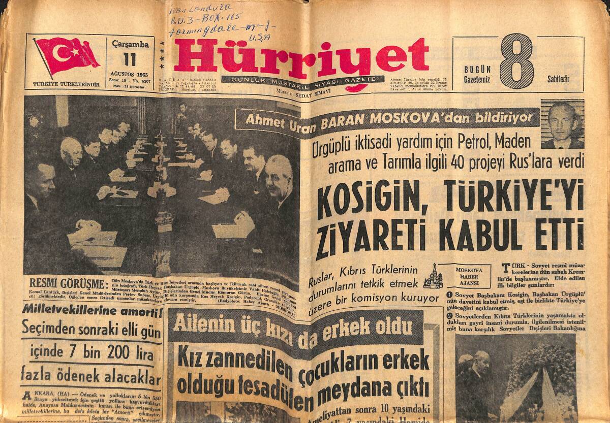 Hürriyet Gazetesi 11 Ağustos 1965 - Kosigin, Türkiye'yi Ziyareti Kabul Etti - Başkan Nasır'ın Erkek Gibi Kızı Da Koca Buldu GZ143116 - 1