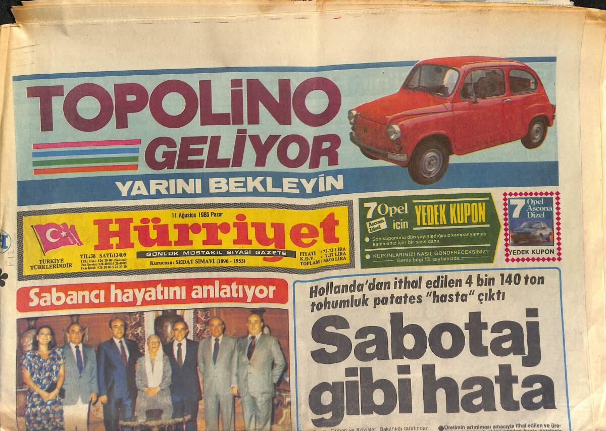Hürriyet Gazetesi 11 Ağustos 1985 - Sakıp Sabancı Eşi Ve Çocuklarıyla - Sabancı Kardeşler GZ153434 - 1