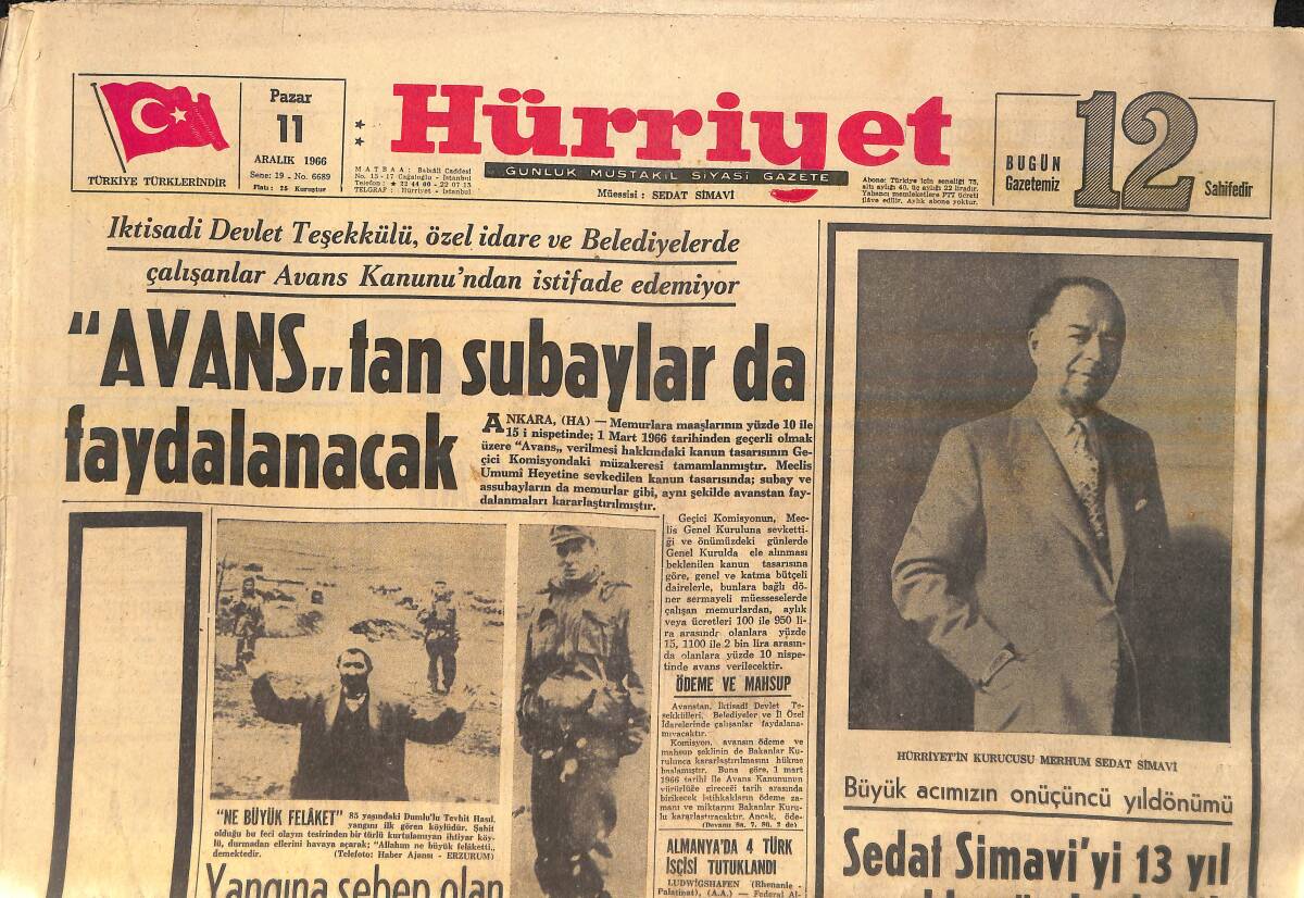 Hürriyet Gazetesi 11 Aralık 1966 - Avans'tan Subaylar Da Faydalanacak - Hürriyet'in Kurucusu Mehrum Sedat Simavi GZ156650 - 1