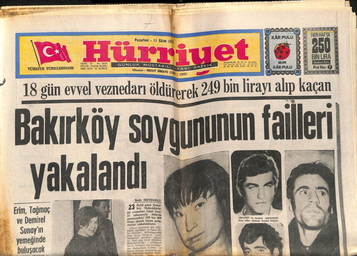 Hürriyet Gazetesi 11 Ekim 1971 - Bakırköy Soygununun Failleri Yakalandı - Türkiye'yi, NATO Emrine Giren 6. Filo Koruyacak - Fenerbahçe Sıkıntıda GZ140469 - 1