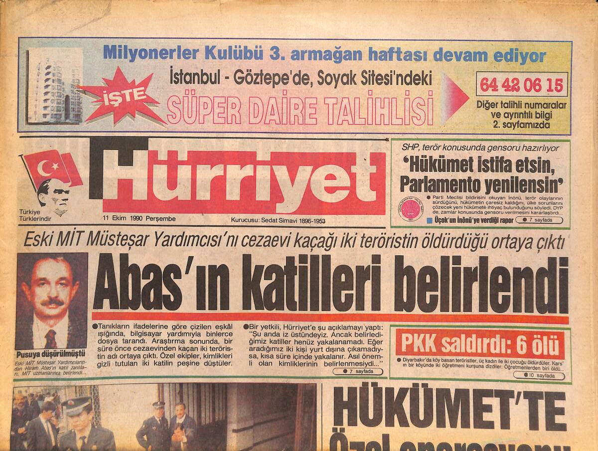 Hürriyet Gazetesi 11 Ekim 1990 - Abas'ın Katilleri Belirlendi - ...Ve İstanbul Teröre Teslim GZ132959 - 1