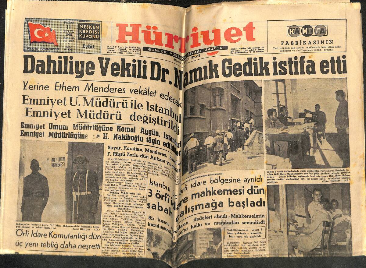 Hürriyet Gazetesi 11 Eylül 1955 - Milli Futbol Takımımızın Bu Mevsimdeki Maçları - Dahiliye Vekili Dr. Namık Gedik İstifa Etti GZ141694 - 1
