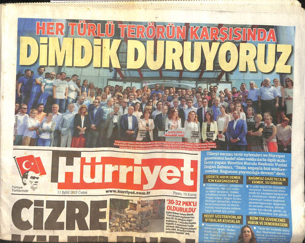 Hürriyet Gazetesi 11 Eylül 2015 - Alzheimer Kandan Bulaşabilir - Cizre Kilitlendi GZ159718 - 1