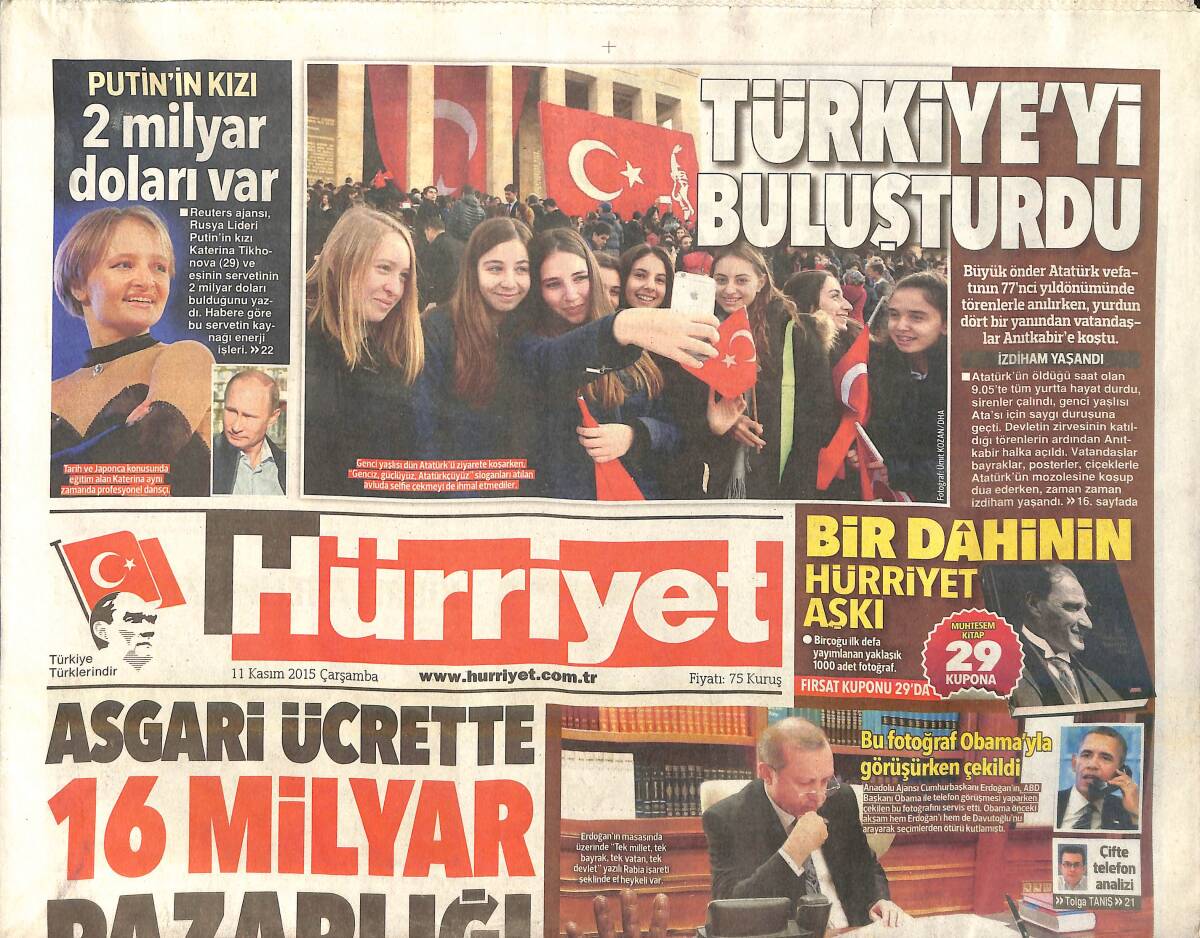 Hürriyet Gazetesi 11 Kasım 2015 - Asgari Ücrette 16 Milyar Pazarlığı - Putin'in Kızı 2 Milyar Doları Var GZ159610 - 1