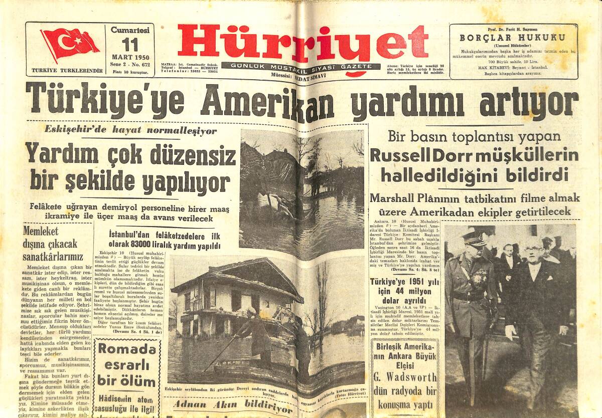 Hürriyet Gazetesi 11 Mart 1950 - Türkiye'ye Amerikan Yardımı Artıyor - Yardım Çok Düzensiz Bir Şekilde Yapılıyor GZ142355 - 1