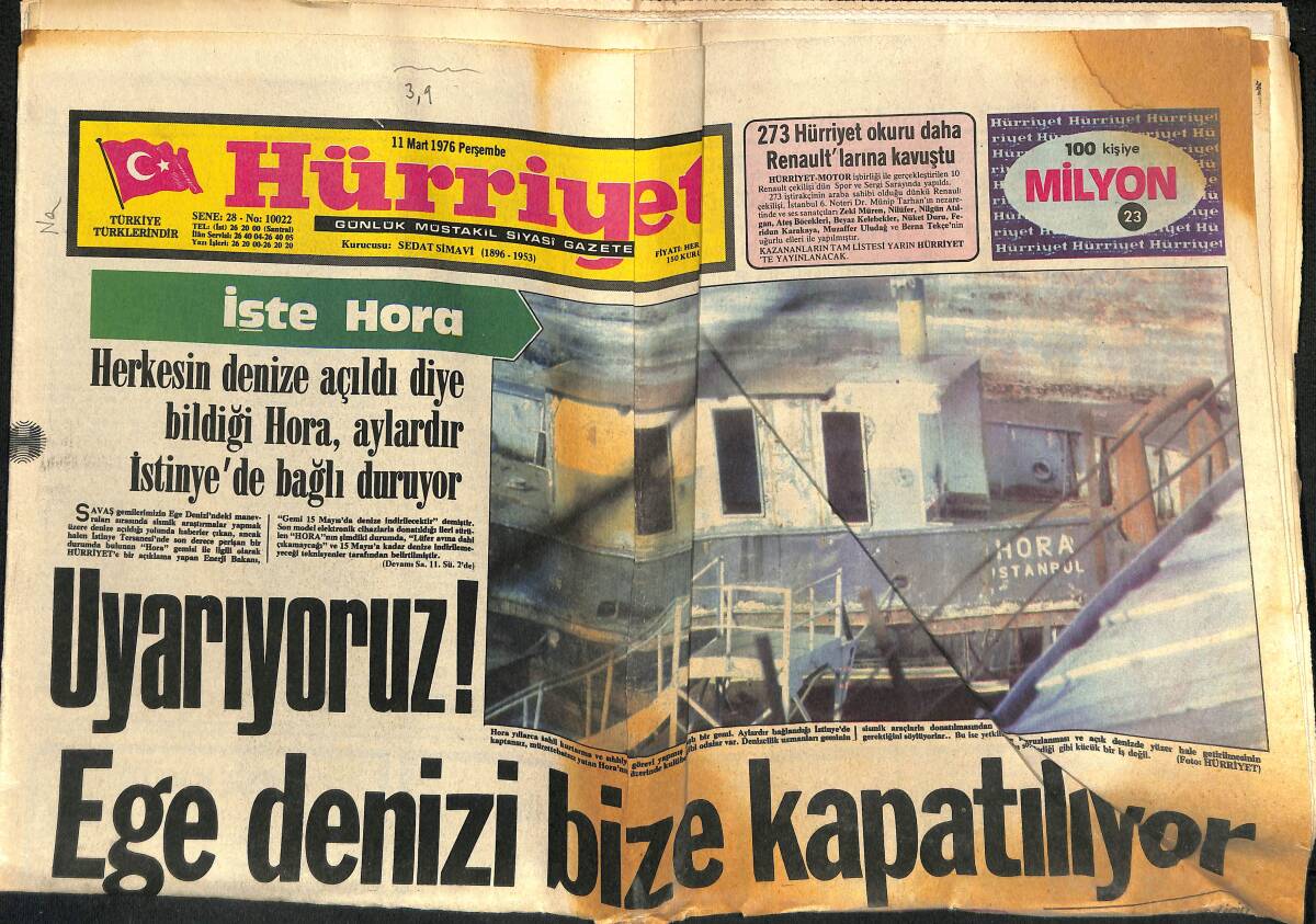 Hürriyet Gazetesi 11 Mart 1976 - Uyarıyoruz! Ege Denizi Bize Kapatılıyor - Enrico, Ajda Pekkan Çifti Olympia'da Harikaydı GZ140479 - 1