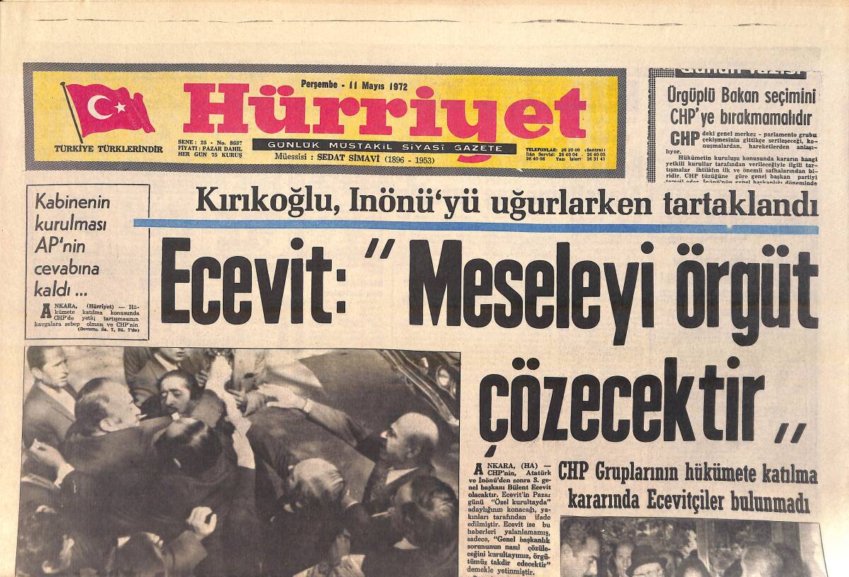 Hürriyet Gazetesi 11 Mayıs 1972 - Ecevit: Meseleyi Örgüt Çözecektir - İnönü'ye APliler Çiçek Verdi GZ156922 - 1