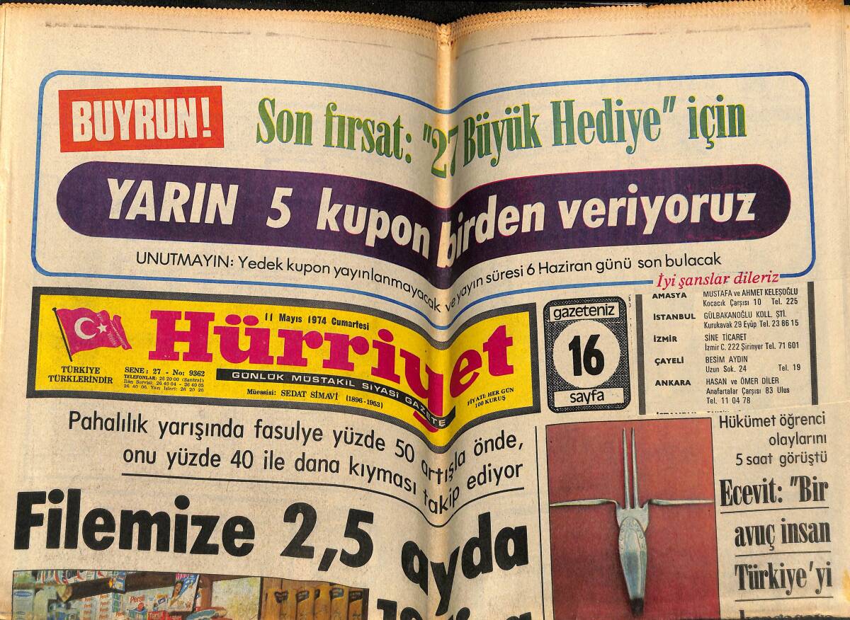 Hürriyet Gazetesi 11 Mayıs 1974 - Çakıl Gazinosu Zeki Müren Afişi GZ148723 - 1