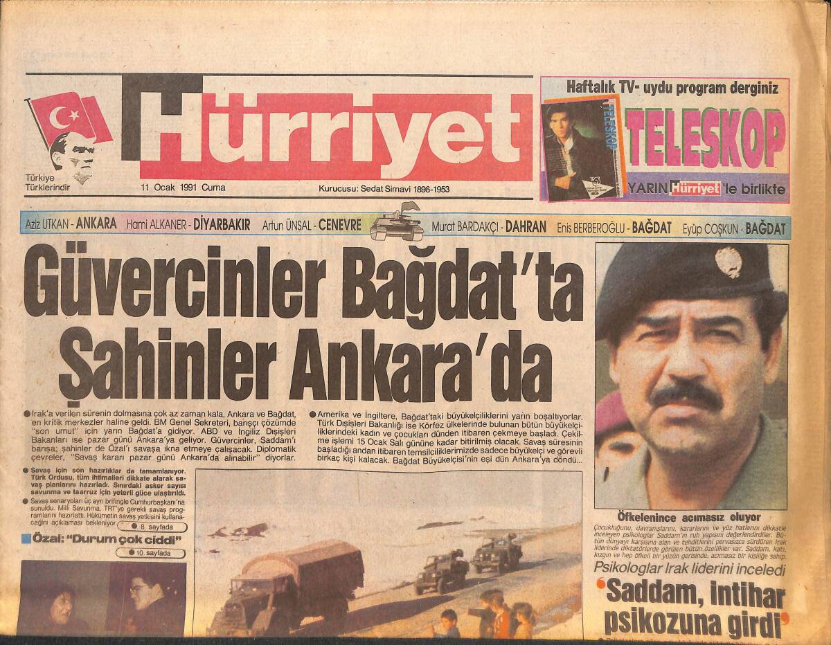 Hürriyet Gazetesi 11 Ocak 1991 - Saddam, İntihar Psikozuna Girdi - Özal Büstünü Yaptırdı - Yasemin Baradan, Yurt Dışında Çalıştı Türkiye'de Kazandı GZ133890 - 1