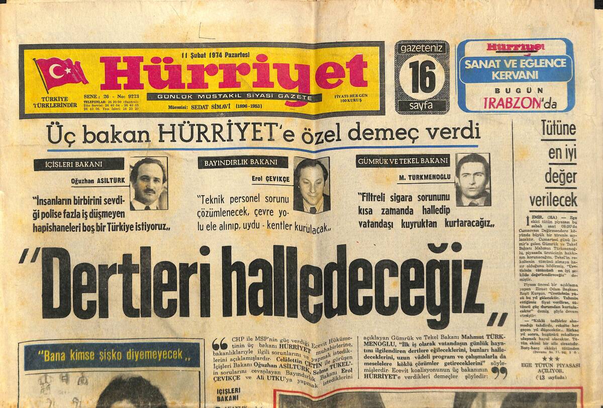 Hürriyet Gazetesi 11 Şubat 1974 - Galatasaraylı Futbolcular Adliyelik Oldular - Milli Güvenlik Kurulu Ecevit'in Başkanlığında Toplanıyor! GZ140598 - 1