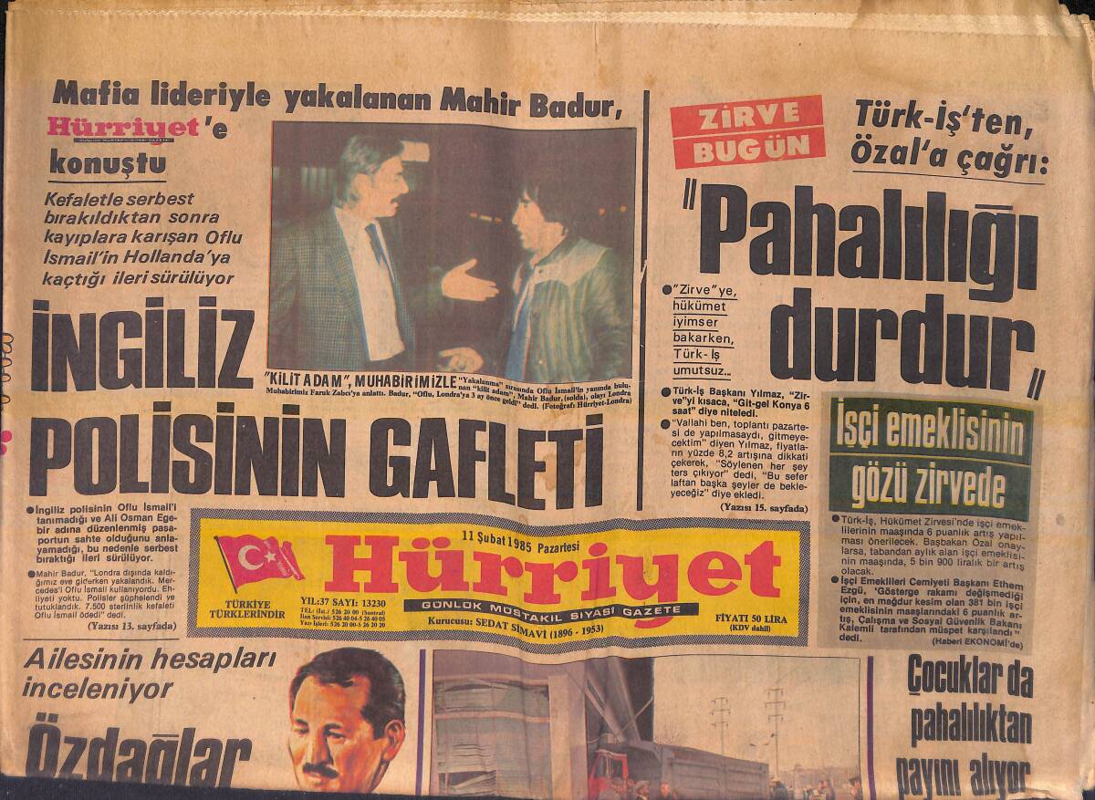 Hürriyet Gazetesi 11 Şubat 1985 - Galatasaray Kaptanı Fatih Terim Hakemin Yüzüne Tükürdü - Prenses Diana Korkuyor GZ156011 - 1