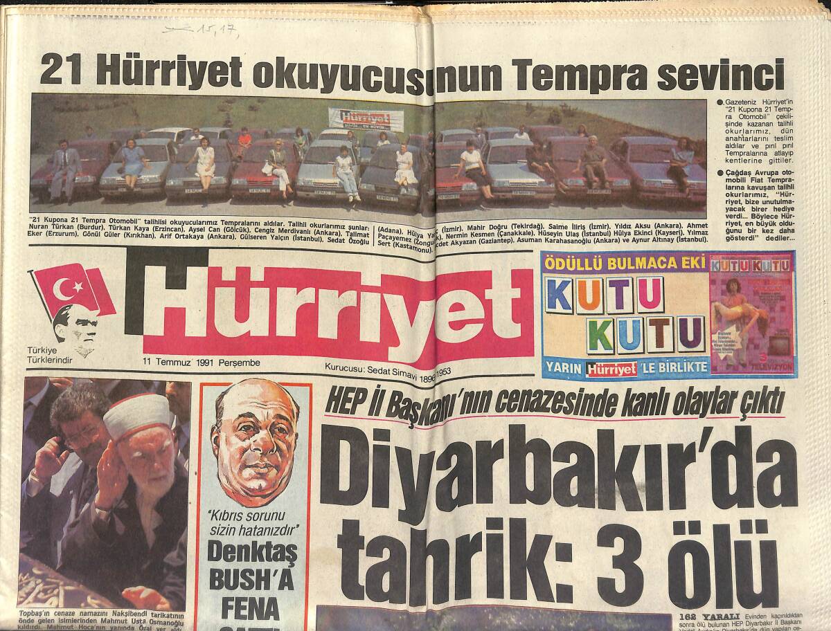 Hürriyet Gazetesi 11 Temmuz 1991 - Kapıkule'ye Merhaba - Denktaş Bush'a Fena Çattı GZ151677 - 1