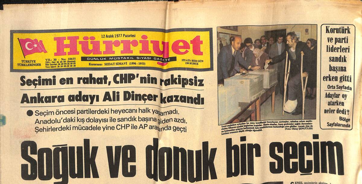 Hürriyet Gazetesi 12 Aralık 1977 - Ankara'yı CHP Kazandı - Muhteşem Şölen 