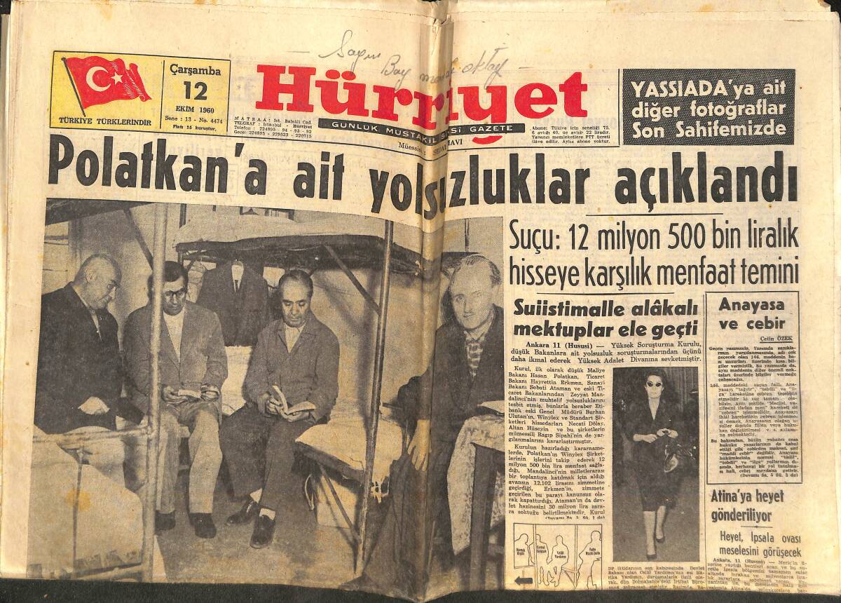Hürriyet Gazetesi 12 Ekim 1960 - Polatkan'a Ait Yolsuzluklar Açıklandı - Yassıada'dan Fotoğraflar GZ141920 - 1