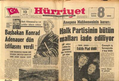 Hürriyet Gazetesi 12 Ekim 1963 - Başbakan Konrad Adenauer Dün İstifasını Verdi GZ81786 - 1