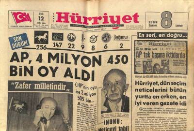 Hürriyet Gazetesi 12 Ekim 1965 - AP , 4 Milyon 450 Bin Oy Aldı GZ81035 - 1