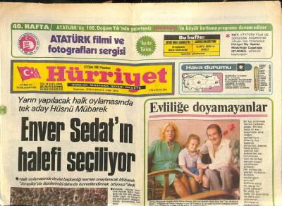 Hürriyet Gazetesi 12 Ekim 1981 - Enver Sedatın Halefi Seçiliyor GZ113384 - 1