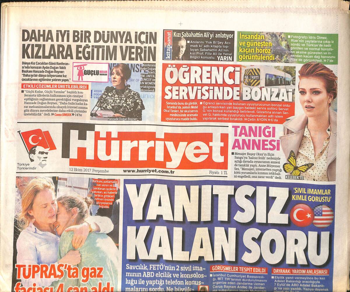 Hürriyet Gazetesi 12 Ekim 2017 - Bay Mona Lisa Satışa Çıkıyor - Tüpraş'ta Gaz Faciası 4 Can Aldı GZ154209 - 1