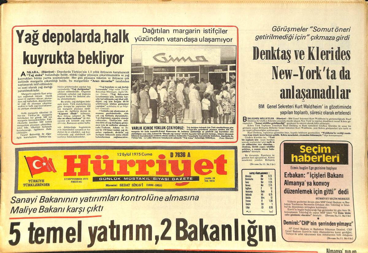Hürriyet Gazetesi 12 Eylül 1975 - Denktaş Ve Klerides New York'ta Da Anlaşmadılar - 5 Temel Yatırım, 2 Bakanlığın Arası Açtı GZ157512 - 1