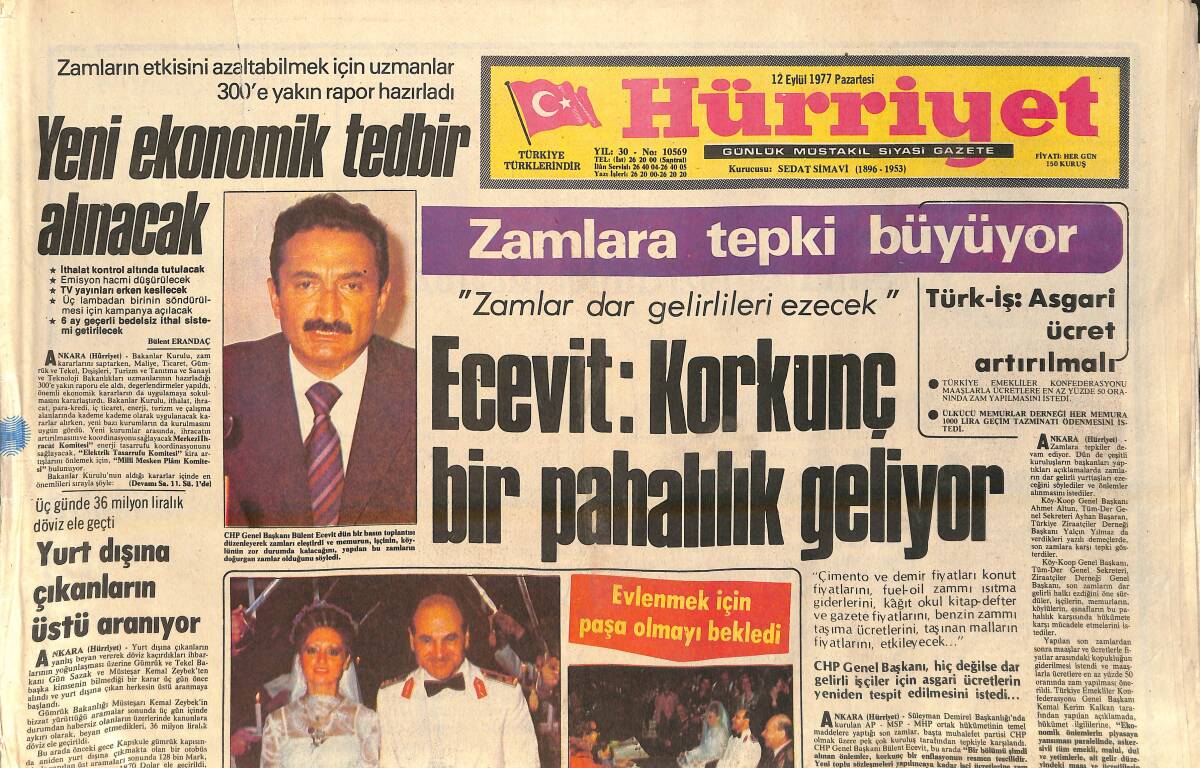 Hürriyet Gazetesi 12 Eylül 1977 - Ecevit: Korkunç Bir Pahalılık Geliyor - Beşiktaş Feci Çöktü GZ157080 - 1