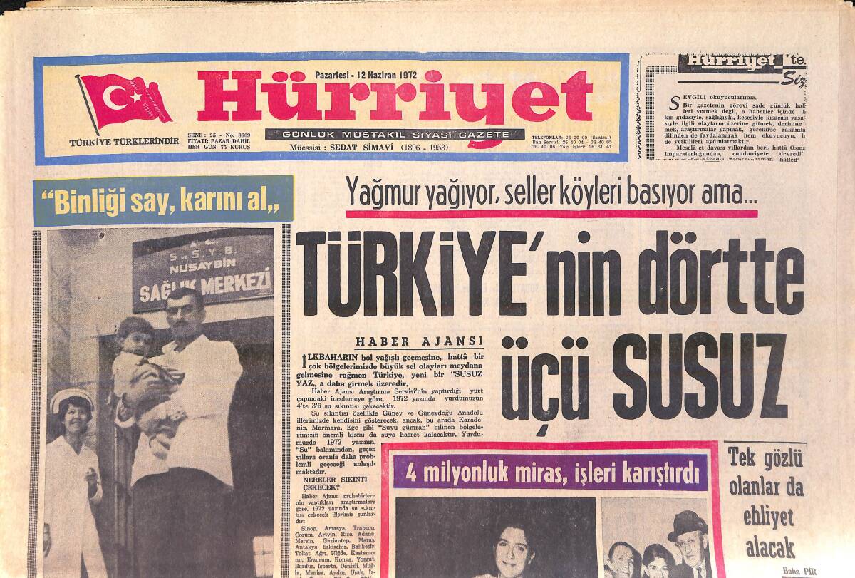 Hürriyet Gazetesi 12 Haziran 1972 - Clay: Fraizer'i Yendikten Sonra Türkiye'ye Geleceğim - Türkiye'nin Dörtte Üçü Susuz GZ156924 - 1